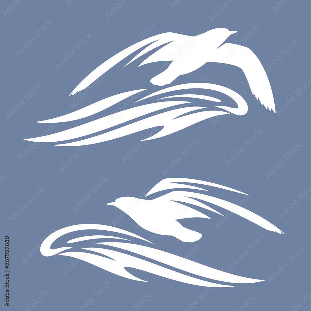 Naklejka premium sea gull bird flying above ocean wave - vector silhouette design