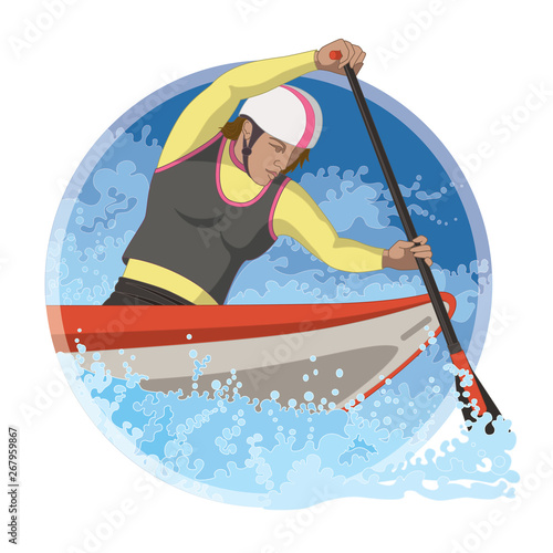 whitewater canoeing female canoeists with water rapids in a circular background