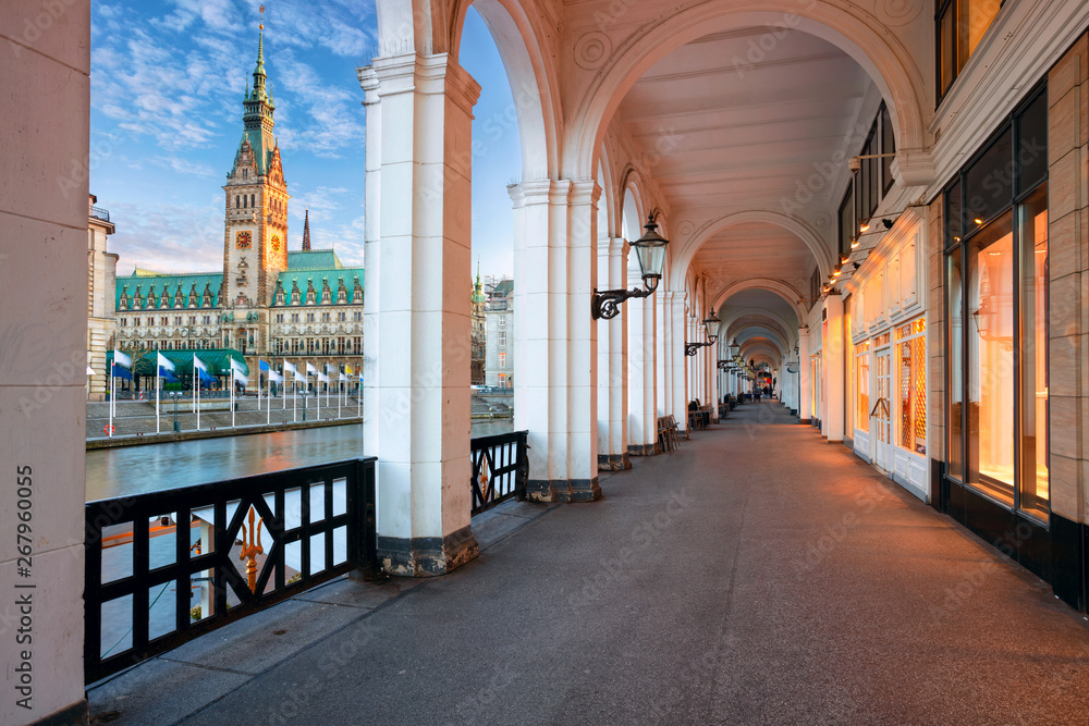 Hamburg, Germany. Cityscape image of Hamburg downtown with City Hall during sunset.