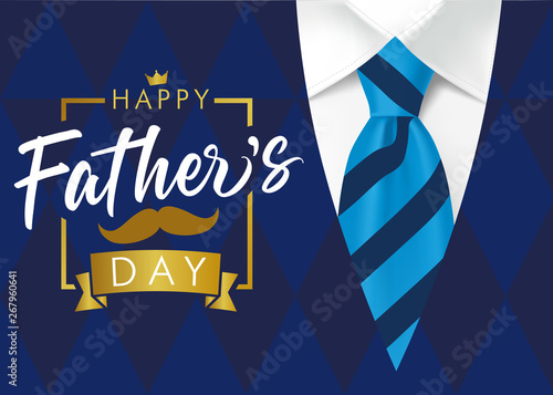 Happy father`s day golden lettering banner. Fathers Day vector calligraphy on navy blue suit background. Dad my king illustration