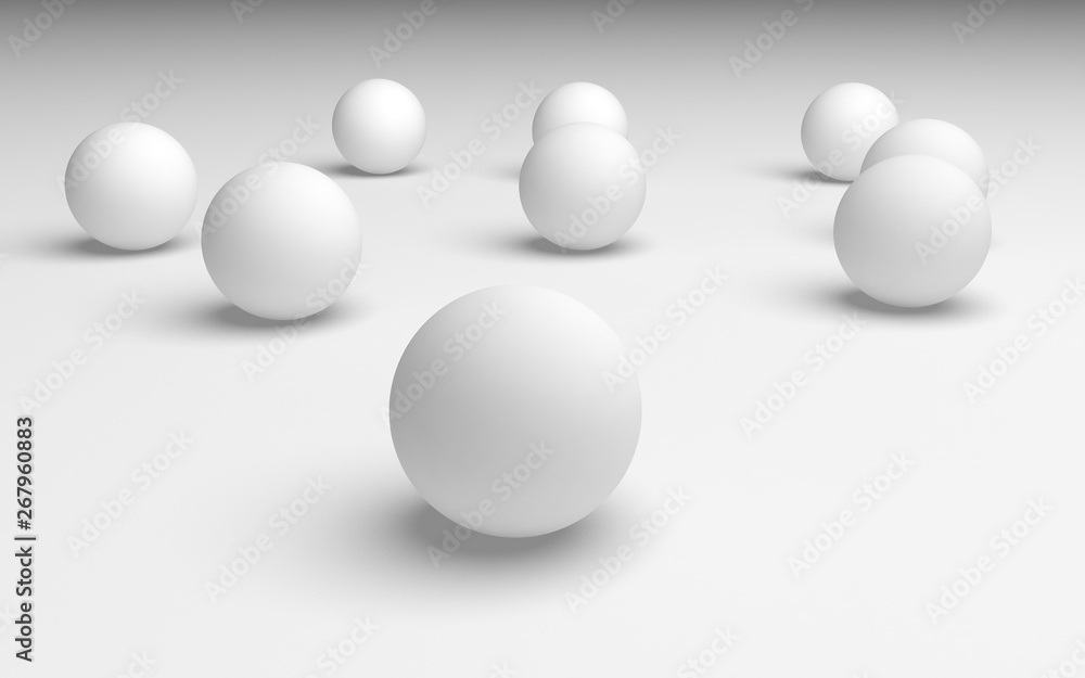 White abstract background. Set of white balls isolated on white backdrop. 3D illustration White abstract background. Set of white balls isolated on white backdrop. 3D illustration