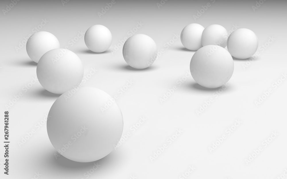 White abstract background. Set of white balls isolated on white backdrop. 3D illustration White abstract background. Set of white balls isolated on white backdrop. 3D illustration
