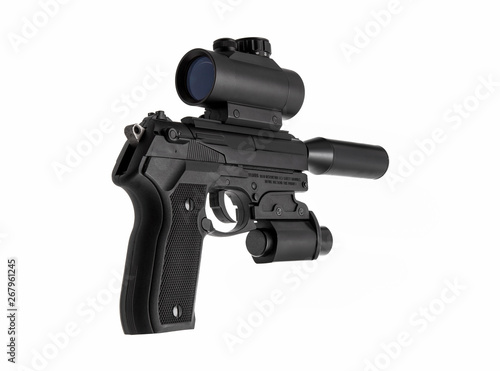 Modern pistol with collimator sight and silencer isolate on white background