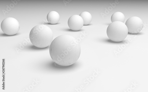 White abstract background. Set of white balls isolated on white backdrop. 3D illustration