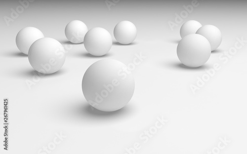 White abstract background. Set of white balls isolated on white backdrop. 3D illustration