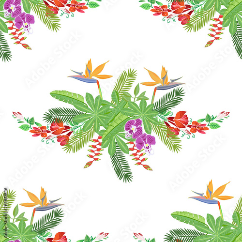 Seamless Pattern with Plants and Flowers in Jungle