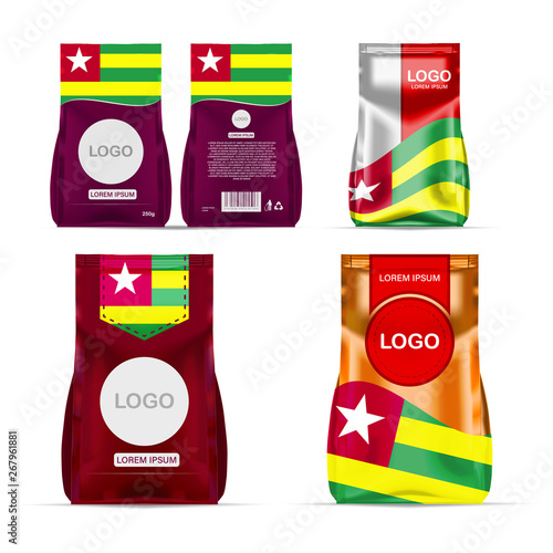 Foil food snack sachet bag packaging for coffee, salt, sugar, pepper, spices, sachet, sweets, chips, cookies colored in national flag of Togo. Made in Togo