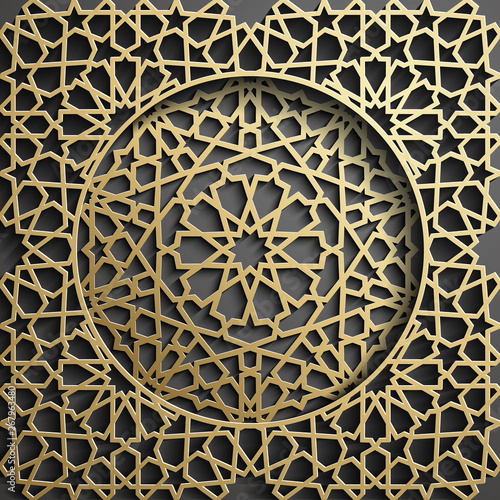 Islamic ornament vector   persian motiff . 3d ramadan islamic round pattern elements . Geometric circular ornamental arabic symbol vector . Gold background