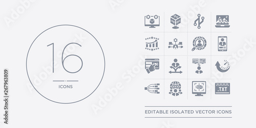 16 vector icons set such as text editor, tracking, internet traffic, type hierarchy, uptime and downtime contains user experience, user flow, user interface, persona. text editor, tracking, internet