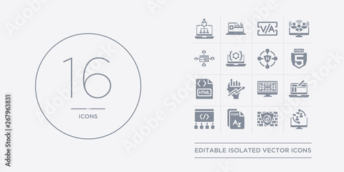 16 vector icons set such as engagement, firewalls, font, frameworks, front end contains grid system, growth hacking, html, html5. engagement, firewalls, font from technology outline icons