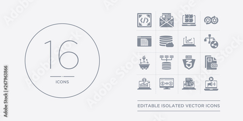 16 vector icons set such as content curation, content marketing, conversion, conversion rate optimization, css contains css3, data architecture, data mining, data modelling. content curation,