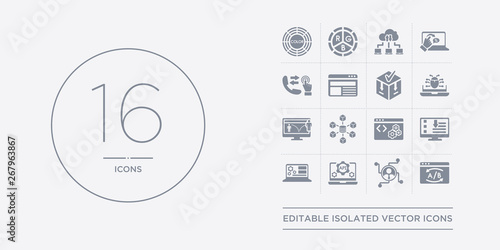 16 vector icons set such as a/b testing, affiliate marketing, api, application, attributes contains back end, big data, bounce rate, bugs. a/b testing, affiliate marketing, api from technology
