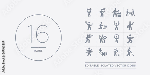 16 vector icons set such as people playing golf, people playing handball, people playing hopscotch, hula hop, jumping contains jumping rope, limbo, paintball, painting. golf, handball, hopscotch