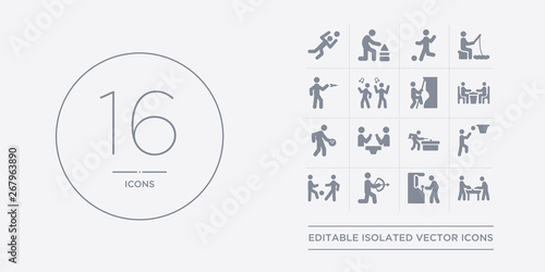 16 vector icons set such as people playing air hockey, people playing arcade game, people playing archery, ball, basketball contains billiard, board games, bowling, chess. air hockey, arcade game,