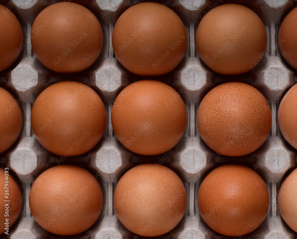 Square composition of nine brown chicken eggs with equal sides on a carton box Square composition of nine brown chicken eggs with equal sides on a carton box