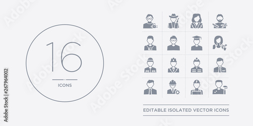16 vector icons set such as dyer, electrician, engineer, financial advisor, financial manager contains firefighter, fireman, fisherman, florist. dyer, electrician, engineer from professions outline