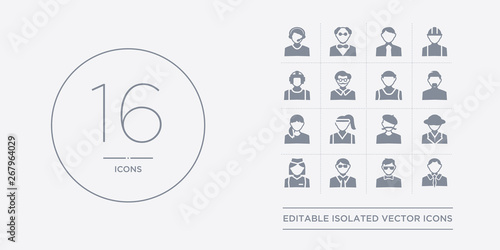 16 vector icons set such as accountant, actor, actuary, air hostess, archeologist contains artist, athlete, baby sitter, barber. accountant, actor, actuary from professions outline icons