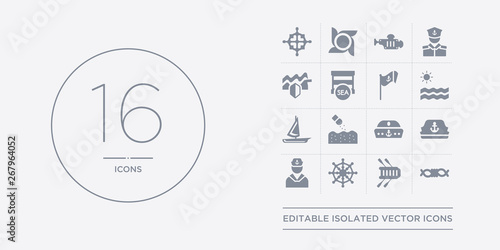 16 vector icons set such as rope tied, rubber raft, rudder, sailor, sailor cap contains sailor hat, salt water, scow, sea. rope tied, rubber raft, rudder from nautical outline icons
