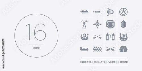 16 vector icons set such as navy hat, oars, ocean waves, oil tanker ship, old galleon contains oxygen tank, paddles, pirate ship, port and starboard. navy hat, oars, ocean waves from nautical