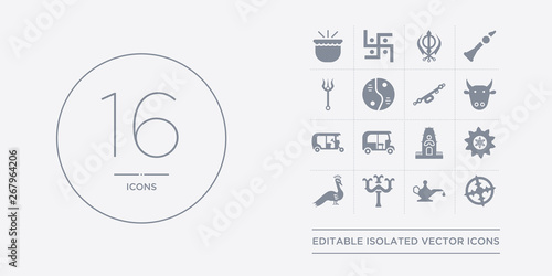 16 vector icons set such as odisha, oil lamp, parvati, peacock, rangoli contains ratha-yatra, ricksaw, rickshaw, sac cow. odisha, oil lamp, parvati from india outline icons