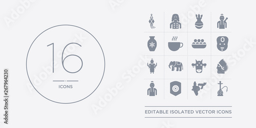 16 vector icons set such as hookah, india, india badge, india mother, indian contains indian cow, indian elephant, goddess, man. hookah, badge from outline icons
