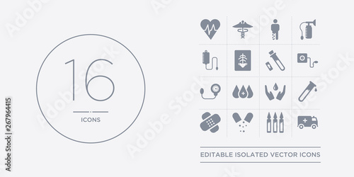 16 vector icons set such as ambulance, ampoule, antibiotics, band aid, blood contains blood donation, blood drop, pressure, pressure gauge. ambulance, ampoule, antibiotics from health and medical