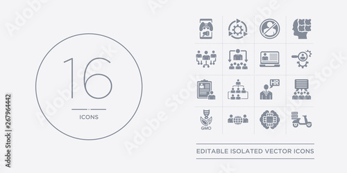 16 vector icons set such as food delivery, future technology, global team, gmo, group opinion contains hr manager, hr planning, hr policies, services. food delivery, future technology, global team