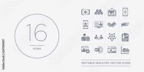 16 vector icons set such as 3d modeling, 3d printing, active sensor, add photos, advertising agency contains advertising networks, affiliate link, agent script, agitation. 3d modeling, printing,
