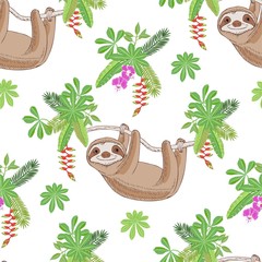 Fotobehang Luiaards patronen Junglepatroon met luiaards en bloemen  © Natalia Piacheva