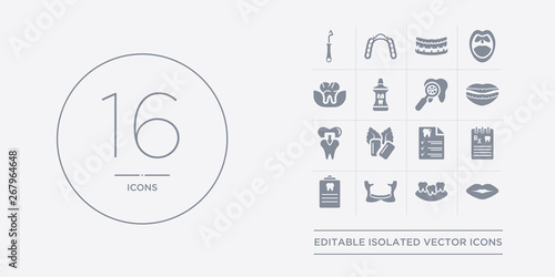 16 vector icons set such as lips, malocclusion, maxilla, medical appointment, medical prescription contains medical record, mint gum, molar crown, mouth. lips, malocclusion, maxilla from dentist