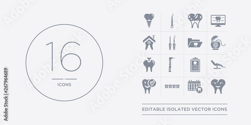 16 vector icons set such as dental, dental appointment, dental brackets, care, chair contains checkup, drill, filling, floss. appointment, brackets from dentist outline icons