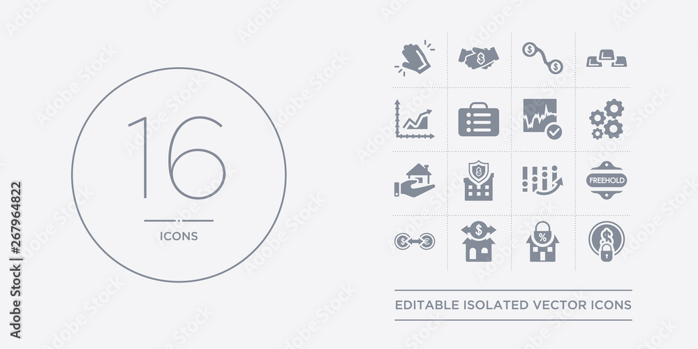 16 vector icons set such as fixed costs, fixed-rate mortgage, flexible mortgage, foreign exchange (forex), freehold contains futures, gazumping, gazundering, gearing. fixed costs, fixed-rate 16 vector icons set such as fixed costs, fixed-rate mortgage, flexible mortgage, foreign exchange (forex), freehold contains futures, gazumping, gazundering, gearing. fixed costs, fixed-rate