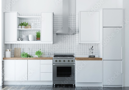 Einfache neue weiße Küche mit Herd photo