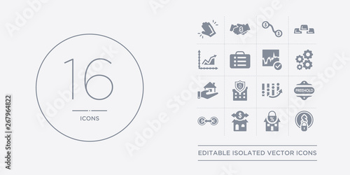 16 vector icons set such as fixed costs, fixed-rate mortgage, flexible mortgage, foreign exchange (forex), freehold contains futures, gazumping, gazundering, gearing. fixed costs, fixed-rate