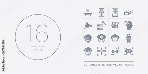 16 vector icons set such as bionic contact lens, bionic eye, body scan, chip, cloning contains cloud computing, cloud intelligence, cpu, cyborg. bionic contact lens, eye, body scan from artificial