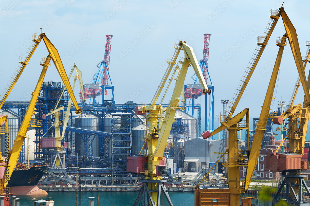 Industrial port, infrastructure of seaport, cranes and dry cargo ships