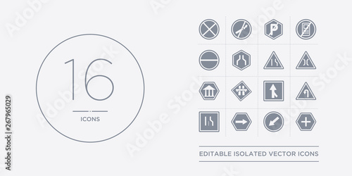 16 vector icons set such as intersection, keep left, keep right, lane, left hair pin contains merging, motorway, museum, narrow bridge. intersection, keep left, right from traffic sign outline icons
