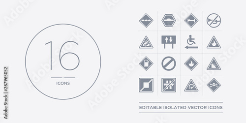 16 vector icons set such as danger, degree curve road, end motorway, end of way, falling rocks contains fire, forbidden, gas station, gasoline. danger, degree curve road, end motorway from traffic