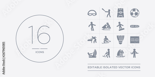16 vector icons set such as rallycross, referee, rinkball, sailboat sport, scoreboard contains shuttlecock, ski, snooker, snowboard. rallycross, referee, rinkball from sport outline icons