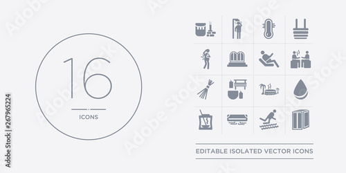 16 vector icons set such as 2steam bath, adrenalin rush, air cooling, aroma stimulation, arterioles contains asian bath, banja, birching, body heat gain. 2steam bath, adrenalin rush, air cooling
