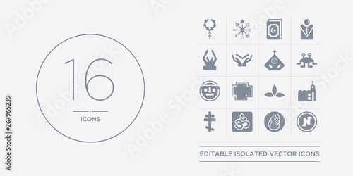 16 vector icons set such as nihilism, noah ark, om, orthodox, orthodox contains pagan, pagan, paganism, pastafarianism. nihilism, noah ark, om from religion outline icons