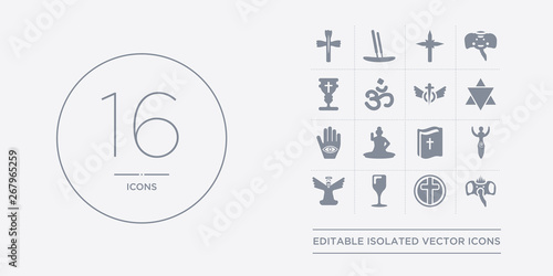 16 vector icons set such as ganesha, gnosticism, goblet, god, goddess contains gospel, great buddha, hamsa, hebrew. ganesha, gnosticism, goblet from religion outline icons