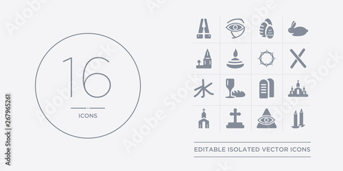 16 vector icons set such as candles, cao dai, christian, christianity, church contains commandments, communion, confucianism, cross. candles, cao dai, christian from religion outline icons