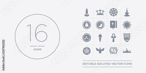 16 vector icons set such as abrahamic, agnosticism, angel, anglican, animism contains ankh, asceticism, atheism, bahai. abrahamic, agnosticism, angel from religion outline icons