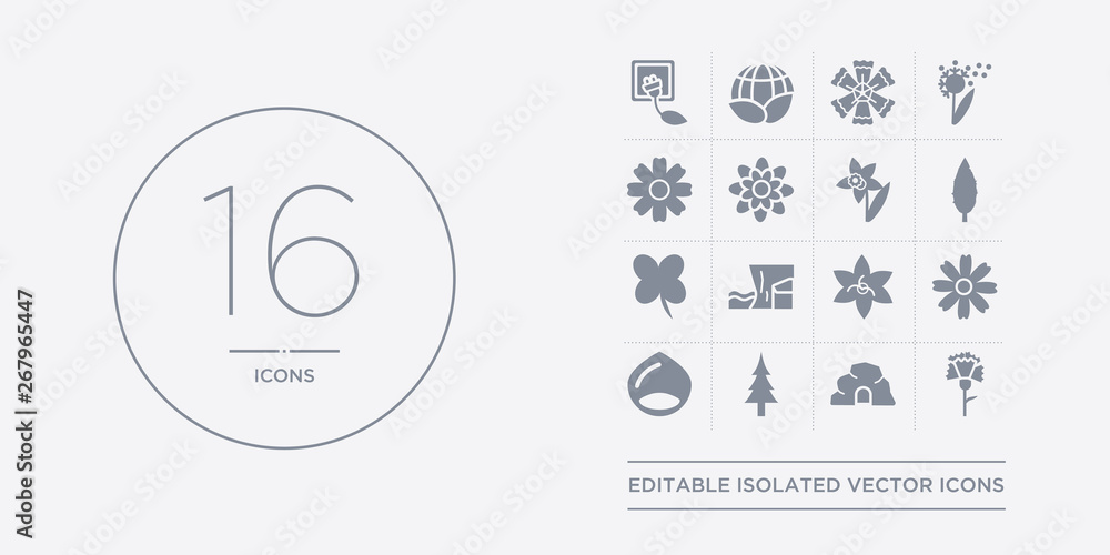 16 vector icons set such as carnation, cave, cedar, chestnut, chrysanthemum contains clematis, cliff, clover, cypress. carnation, cave, cedar from nature outline icons 16 vector icons set such as carnation, cave, cedar, chestnut, chrysanthemum contains clematis, cliff, clover, cypress. carnation, cave, cedar from nature outline icons