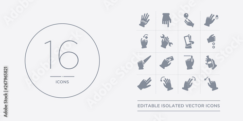 16 vector icons set such as flick left gesture, flick right gesture, flick to left gesture, up hand and a bottle contains hand and chalk, hand and cit card, knife, money. left right to from hands