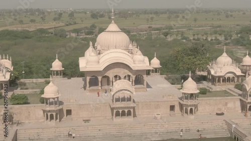 Ancient India temples Kusum Sarovar, Manasi Ganga, U.P., 4k aerial ungraded/flat photo