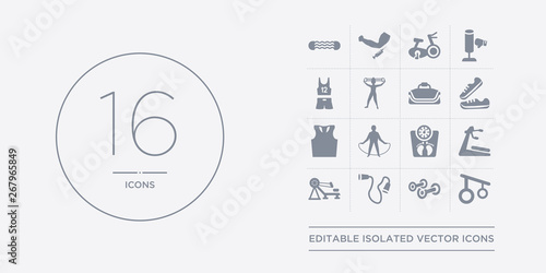 16 vector icons set such as rings, roller, rope, rowing machine, running machine contains scale, skipping rope, sleeveless, sneakers. rings, roller, rope from gym and fitness outline icons