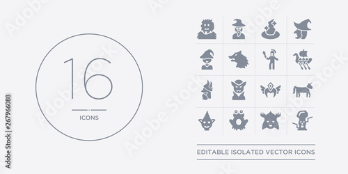 16 vector icons set such as talking tree, thor, toad, troll, unicorn contains valkyrie, vampire, viking, viking ship. talking tree, thor, toad from fairy tale outline icons