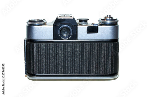 retro slr film photo camera, back side view on white background. analog vintage film camera